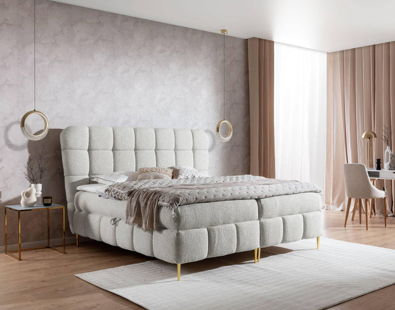 Boxspring Loran in bouclé met opbergruimte 180 x 200 cm