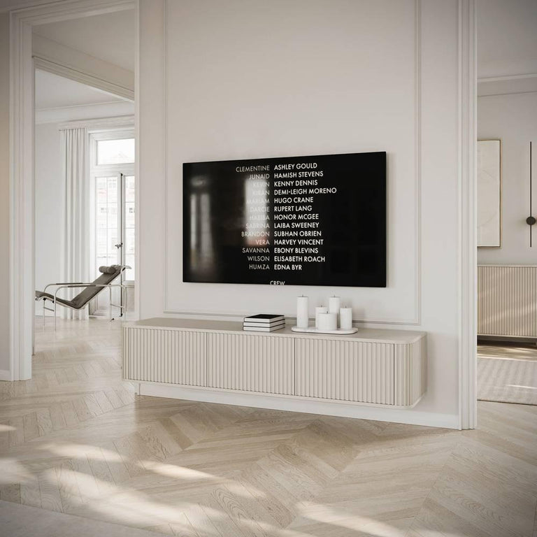 Ovarlo hangend tv-meubel met groeven, driedeurs, 163 cm, zandbeige