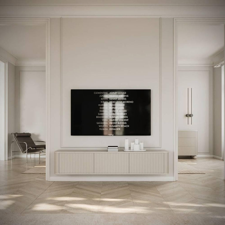 Ovarlo hangend tv-meubel met groeven, driedeurs, 163 cm, zandbeige