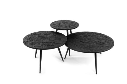 Set van 3 salontafels Noir visgraat teakhout rond