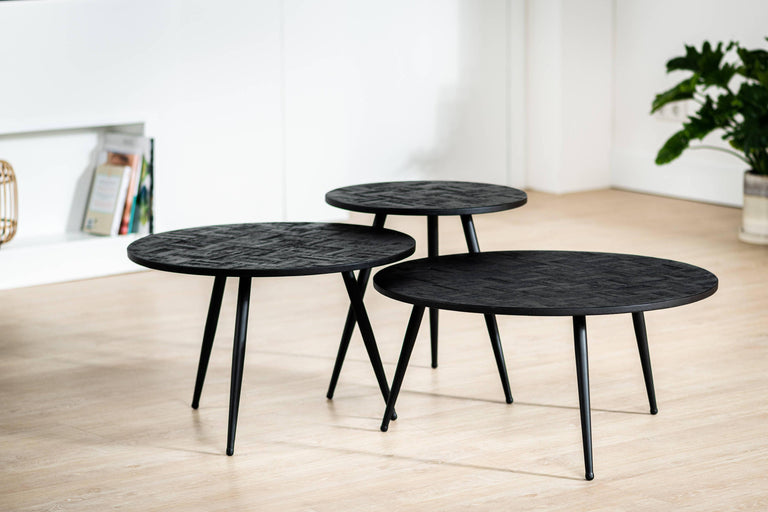 Set van 3 salontafels Noir visgraat teakhout rond
